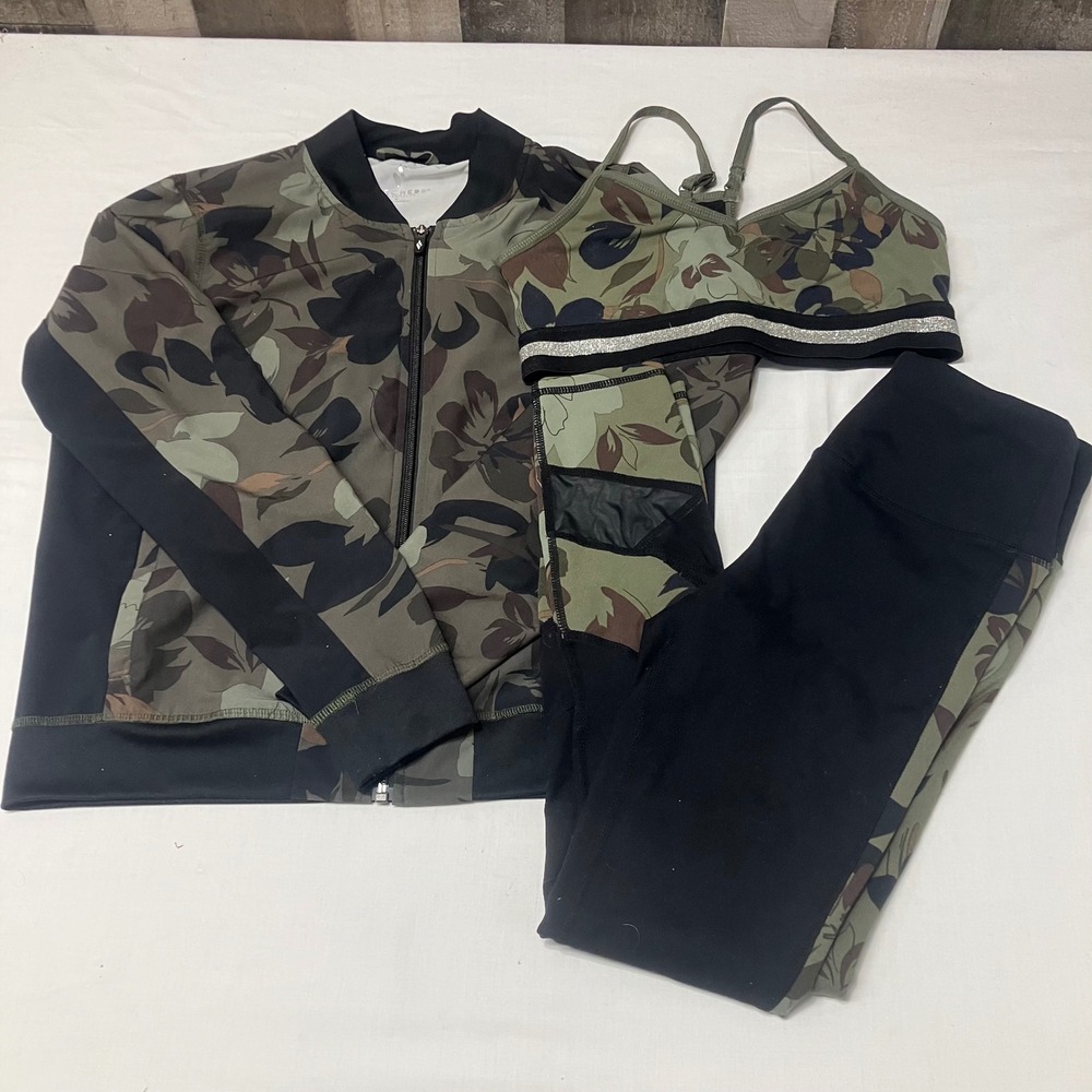 Skechers Los Angeles 3pc Active Set Floral Camo Jacket Bra Leggings Small Olive